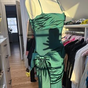 Oh Polly Elegant Green bow Satin Dress